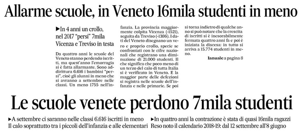 Calo Studenti nelle scuole del veneto